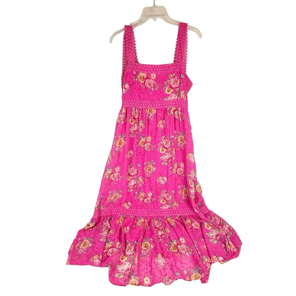 Blu‎ Pepper Pink Floral Lace Trim Maxi Dress Cottagecore Boho Romantic Size L